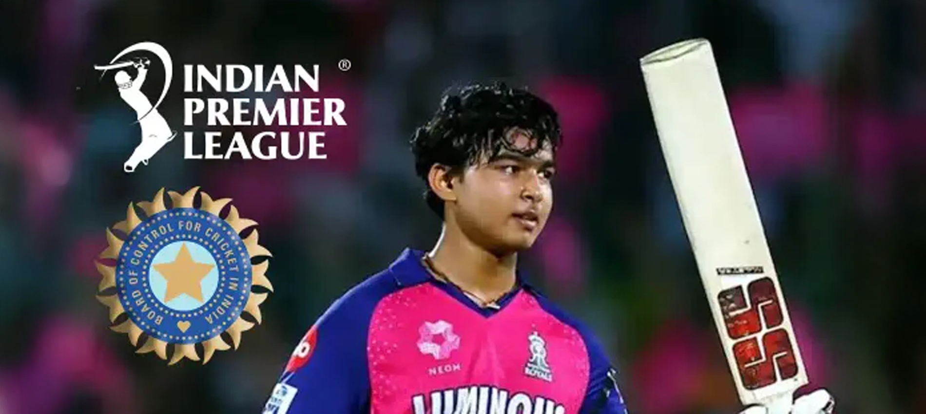 Vaibhav Suryavanshi with bat after IPL match, BCCI and IPL logos in background